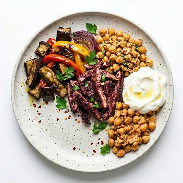 Sumac Chicken Shawarma Bowl With  Roasted Vegetable ,Chickpeas And Garlic Toum